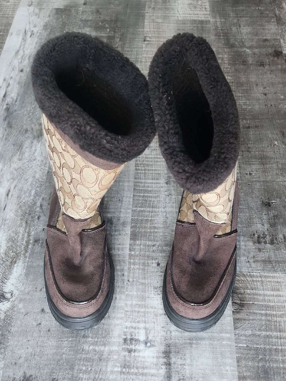 Coach Brown Signature Monogram Shearling Trim  Boots
